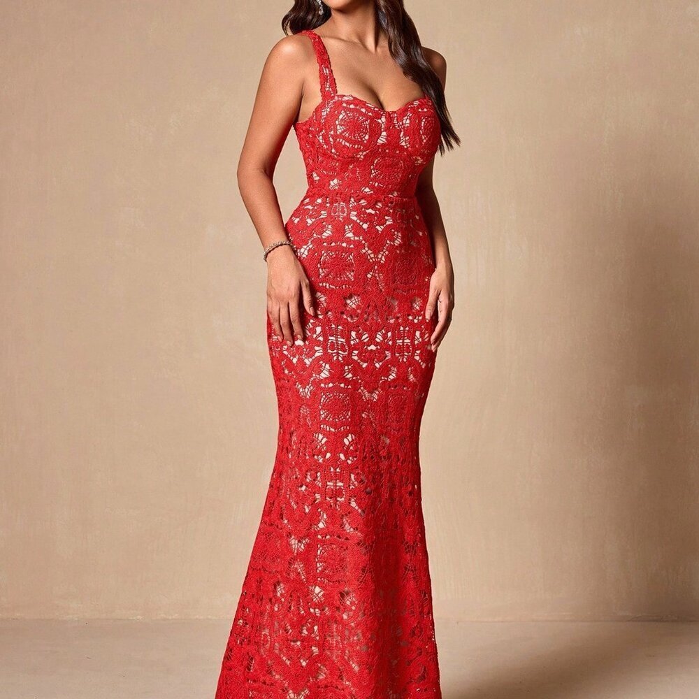 Red Elegant Women's Lace Bodycon Sleeveless Sexy Cocktail Dress - Picture 8 of 8